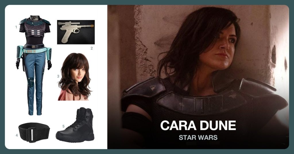 Cara Dune Costume, Cara’s Blaster, Brown Hair Wig and Arm Strap beside Cara Dune
