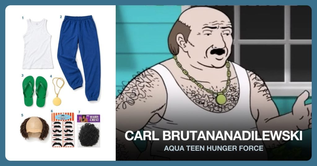 White Ribbed Tank, Blue Sweatpants, Green Flip Flops and Gold Medallion Necklace beside Carl Brutananadilewski
