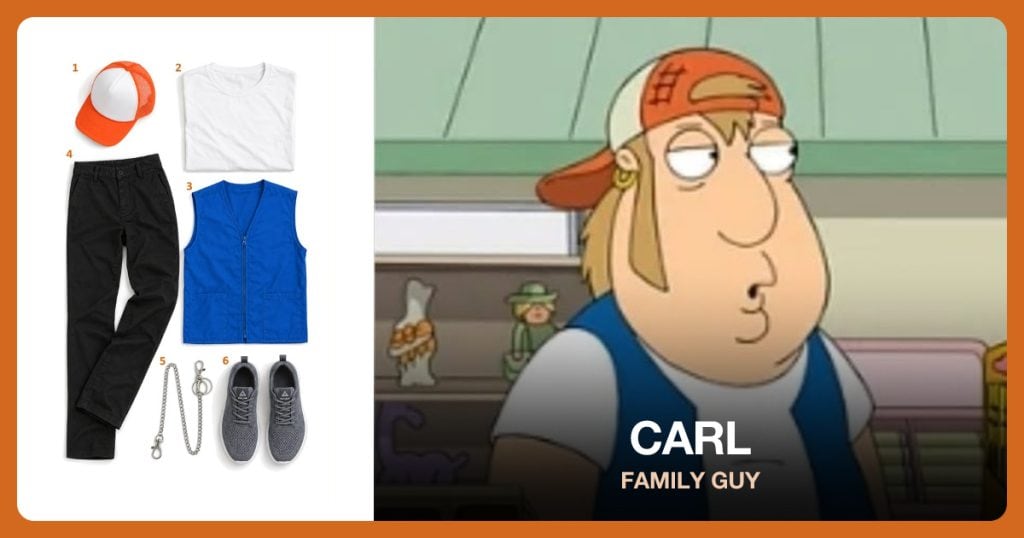 Orange Trucker Hat, White Crewneck T-Shirt, Blue Volunteer Vest and Black Slim Pants beside Carl