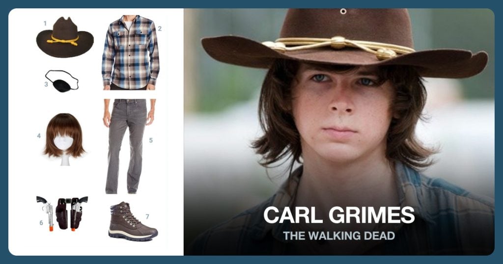 Western Cowboy Hat, Plaid Flannel Button Down Long Sleeve Shirt and Silk Eyepatch Costume Accessory beside Carl Grimes