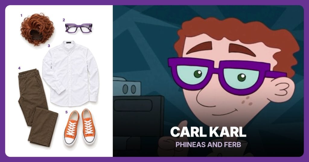 Auburn Curly Wig, Purple Frame Glasses, White Mandarin Collar Shirt and Brown Chino Pants beside Carl Karl
