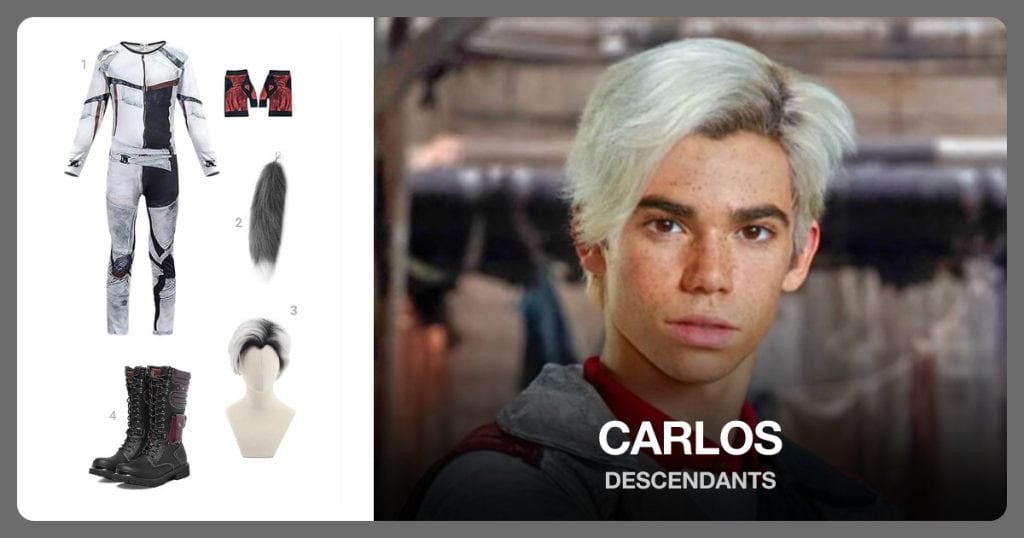 Deluxe Carlos Costume with Gloves, Party Fox Tail, Silver Black Wig and Military Tactical Boots beside Carlos