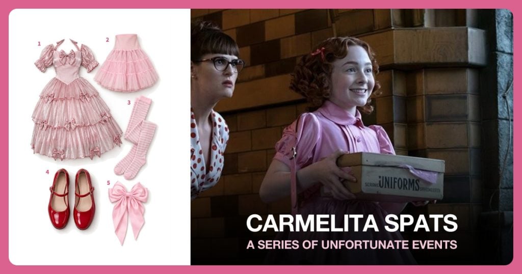 Pink Ruffle Party Dress, Pink Ruffle Petticoat, Pink Striped Tights and Red Mary Jane Shoes beside Carmelita Spats