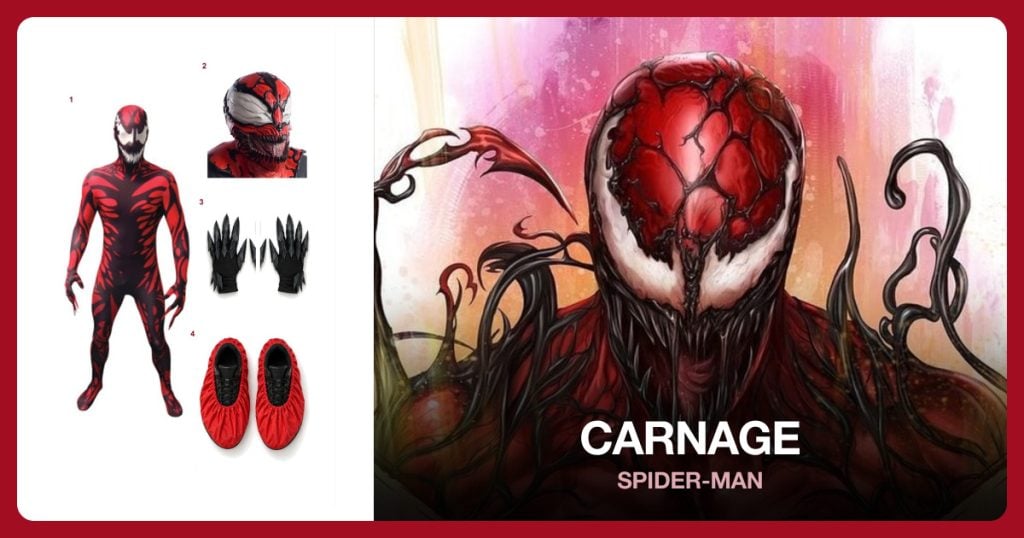 Officially Licensed Carnage Morphsuit, Adult Marvel Universe Carnage Mask and Black Articulated Claw Gloves beside Carnage