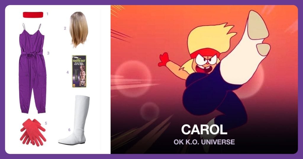 Red Headband, Blonde Wig, Ladies Purple Jumpsuit and Liquid Black Tooth Prop beside Carol