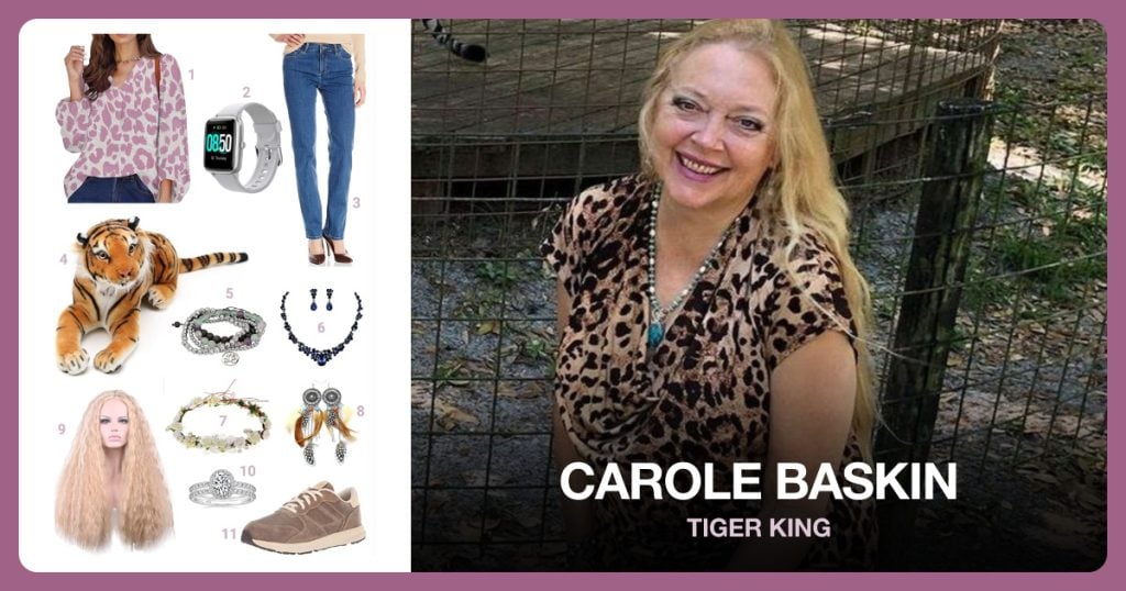 Loose Tunic Blouse, Smart Watch, Blue Jeans and Tiger Plush beside Carole Baskin