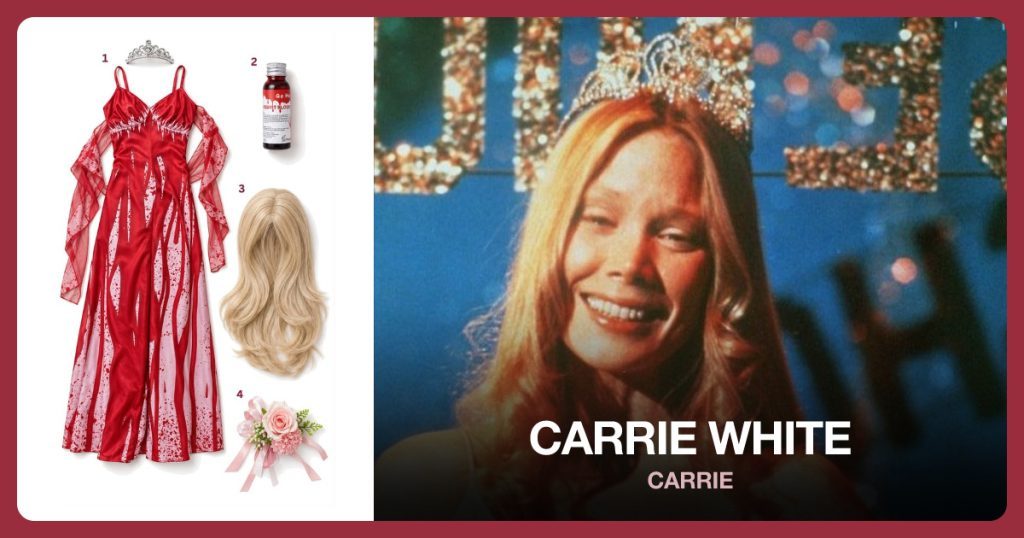 Bloody Prom Costume Set, Fake Blood Makeup, Long Blonde Wig and Pink Wrist Corsage beside Carrie White
