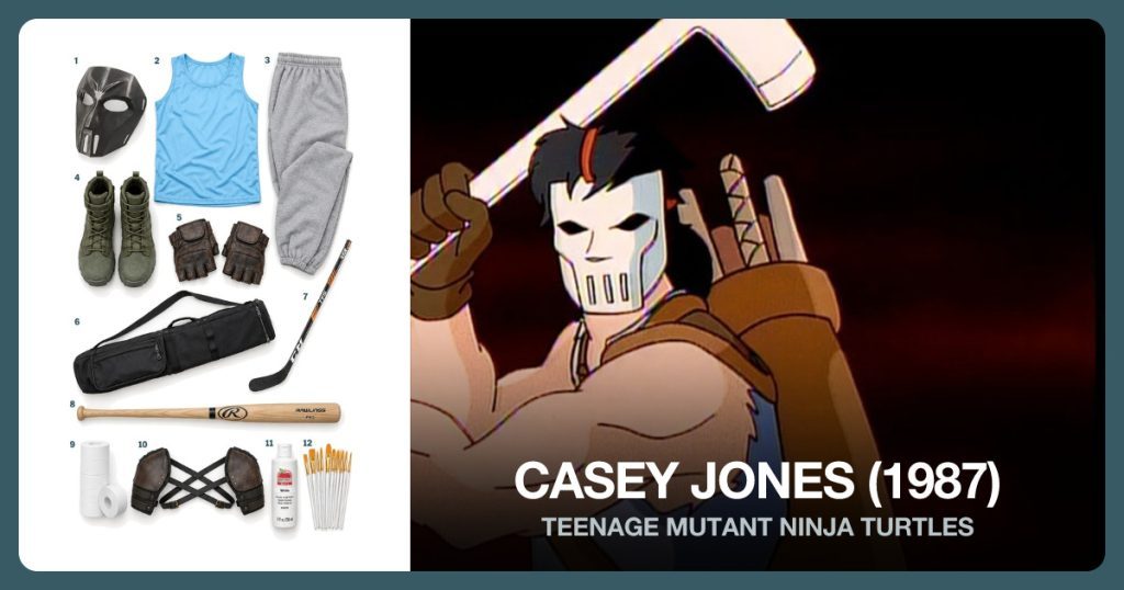 Black Casey Jones Mask, Light Blue Tank Top, Gray Sweatpants and Green Combat Boots beside Casey Jones (1987 TMNT)