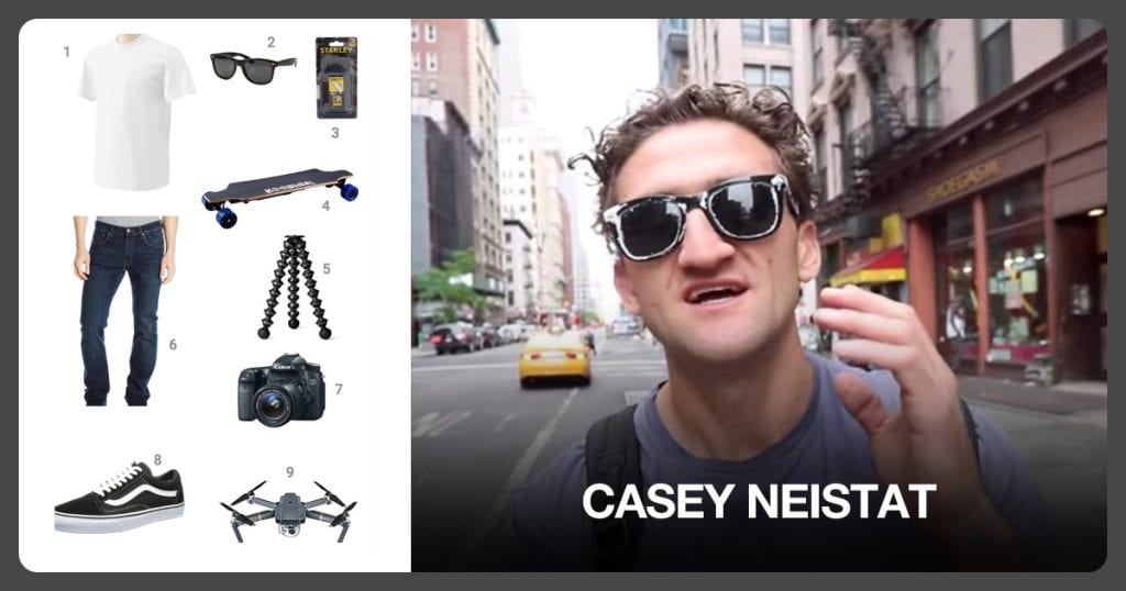 Men’s Heavy Cotton T-Shirt, Black Sunglasses, Utility Blades and Electric Skateboard beside Casey Neistat