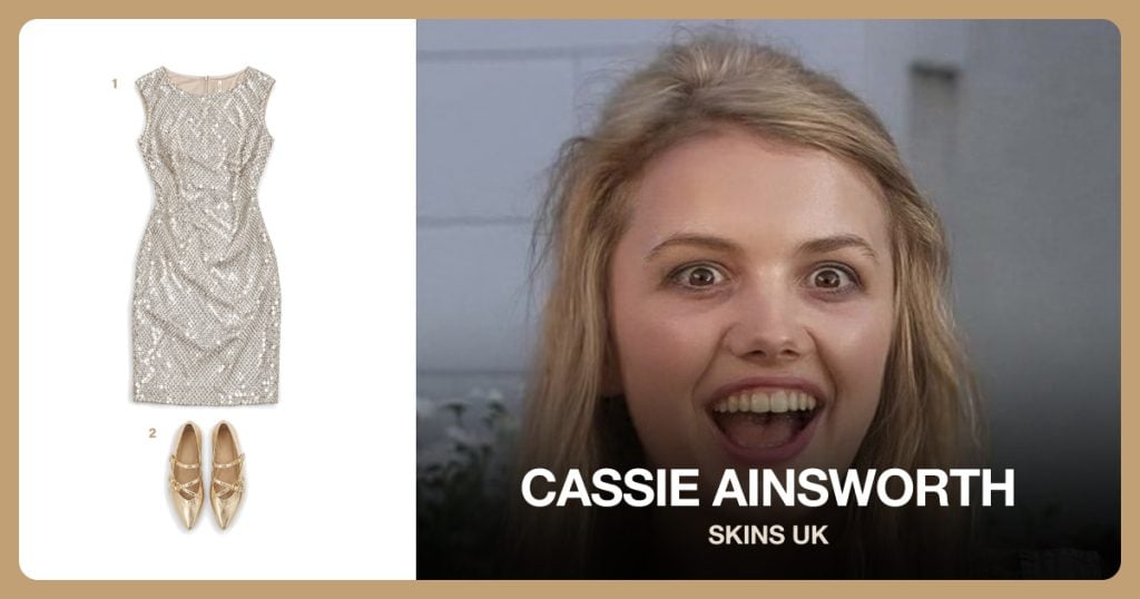 Champagne Sequin Dress and Pale Gold Ballet Flats beside Cassie Ainsworth