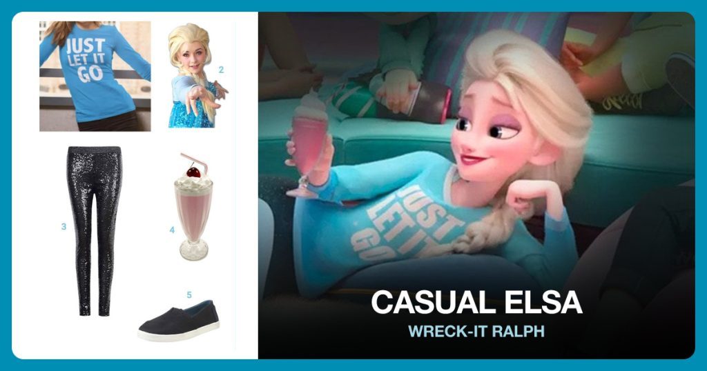 ‘Just Let It Go’ Shirt, Elsa Wig, Sequin Sparkle Leggings and Strawberry Milkshake Prop beside Casual Elsa