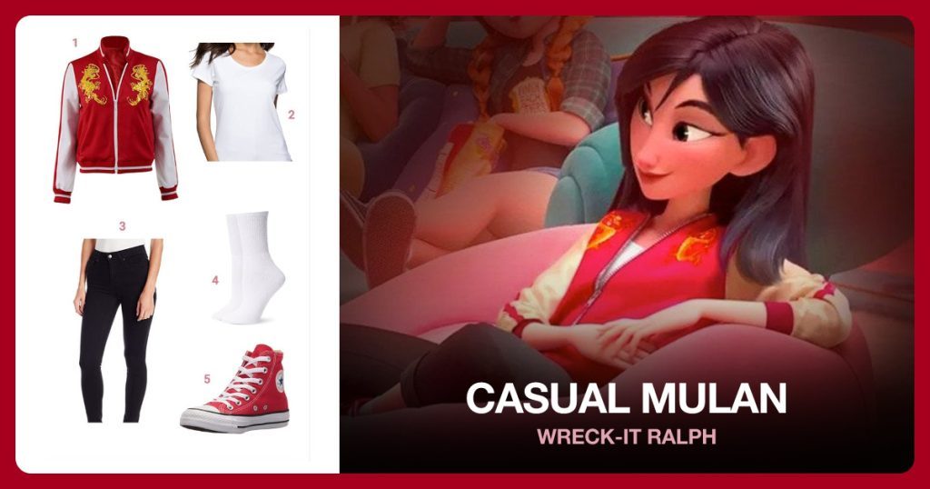 Mulan Dragon Bomber Jacket, Women’s White T-Shirt, Black Skinny Jeans (Cuffed) and White Crew Socks beside Casual Mulan