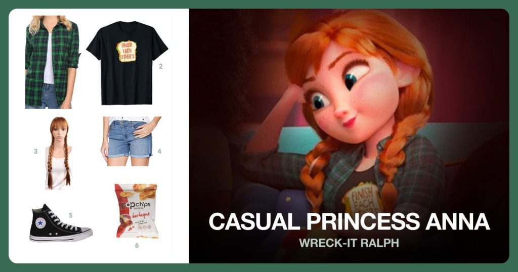 Green Boyfriend Plaid Shirt, ‘Finish Each Other’s Sandwiches’ T-Shirt and Orange/Brown Braided Pigtails Wig beside Casual Princess Anna