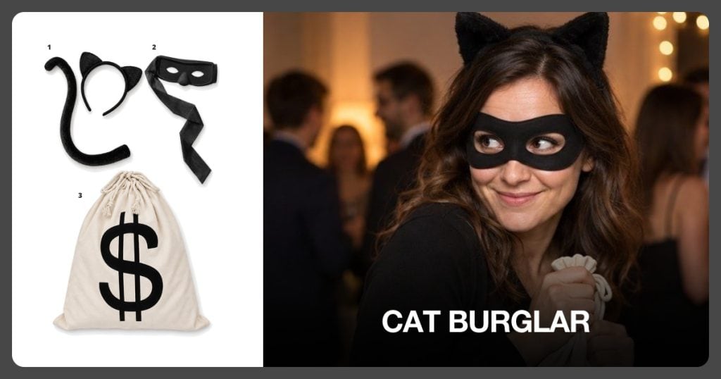 Black Cat Ears and Tail, Black Burglar Eye Mask and Canvas Money Bag beside Cat Burglar