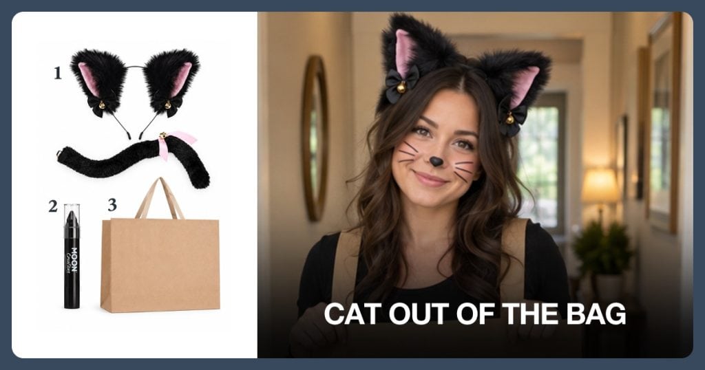 Black Cat Ears and Tail Set, Black Face Paint Crayon and Large Paper Shopping Bag beside Cat Out of the Bag