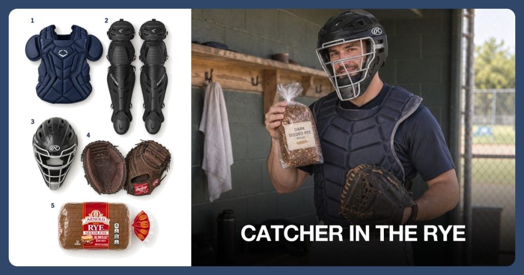Navy Catcher Chest Protector, Black Catcher Leg Guards, Adult Catcher Helmet and Baseball Catcher Mitt beside Catcher in the Rye