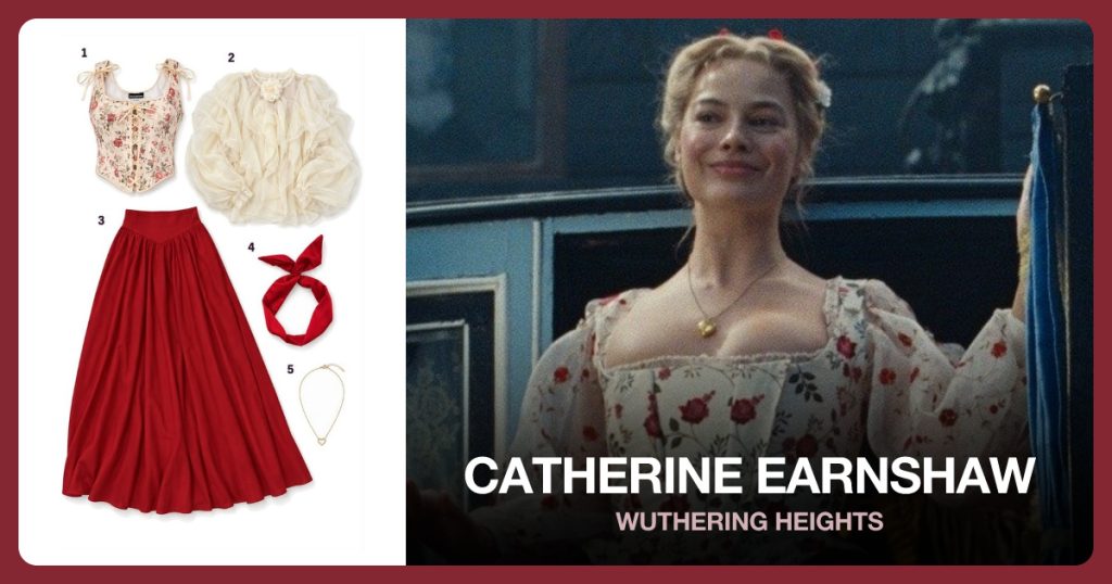 Floral Corset Bodice, Sheer Puff Sleeve Blouse, Red Maxi Skirt and Red Hair Ribbon beside Catherine Earnshaw