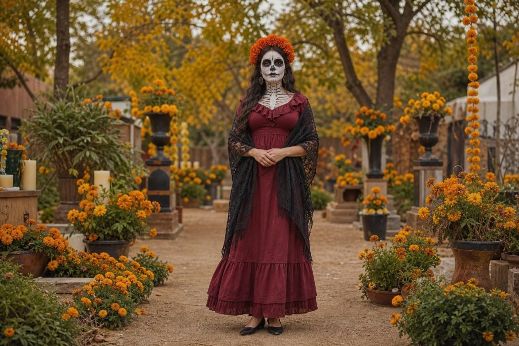 Burgundy Catrina costume outfit