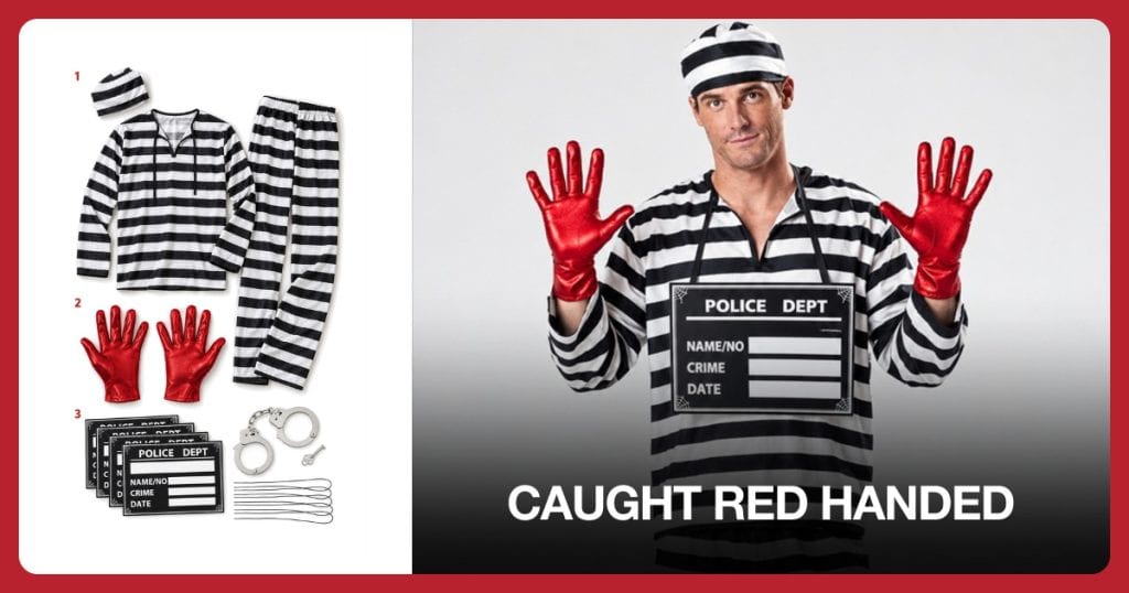 Jailbird Costume, Metallic Red Gloves and Mugshot Nameplates beside Caught Red Handed