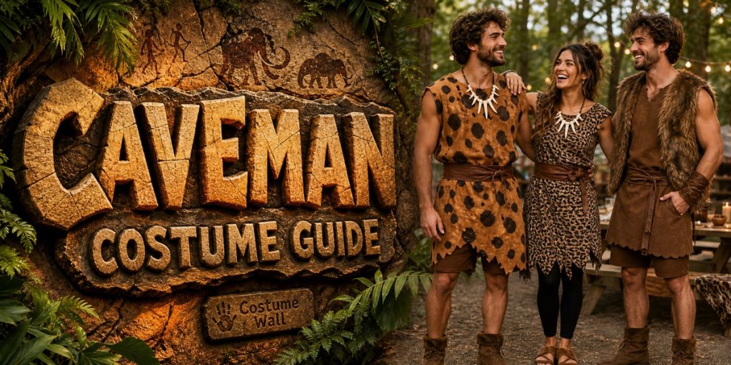 Brown Caveman Costume, Leopard Midi Dress, Brown Tunic Shirt and Brown Faux Fur Vest beside Caveman
