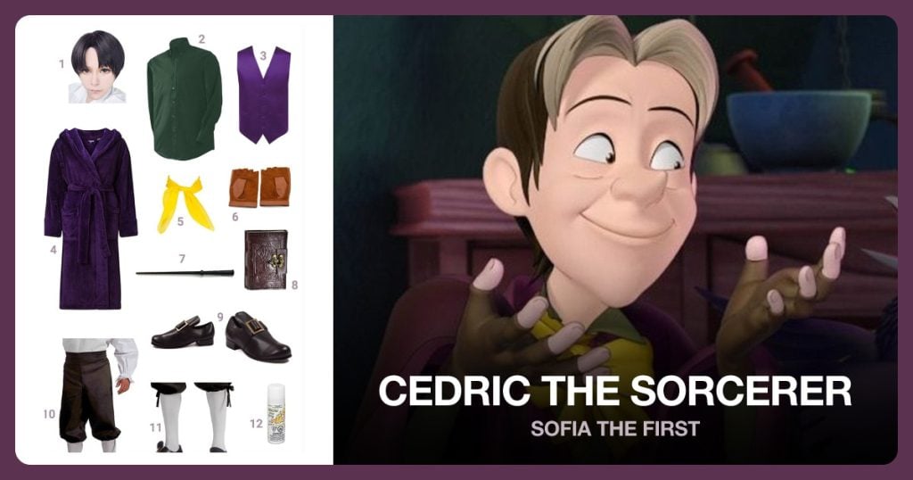 Black Short Wig, Green Long Sleeve Shirt, Purple Button Up Vest and Purple Robe beside Cedric the Sorcerer