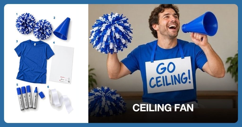 Blue and White Pom-Poms, Blue Cheer Megaphone, Royal Blue T-Shirt and White Foam Poster Board beside Ceiling Fan