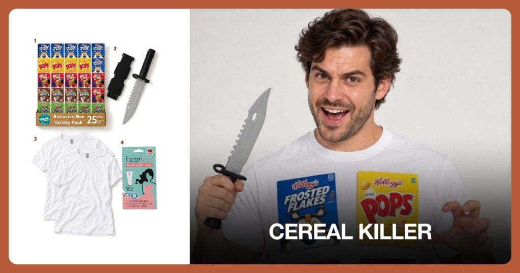 Mini Cereal Boxes, Blunt Toy Knife Prop, Plain White T-Shirt and Double-Sided Clothing Tape beside Cereal Killer