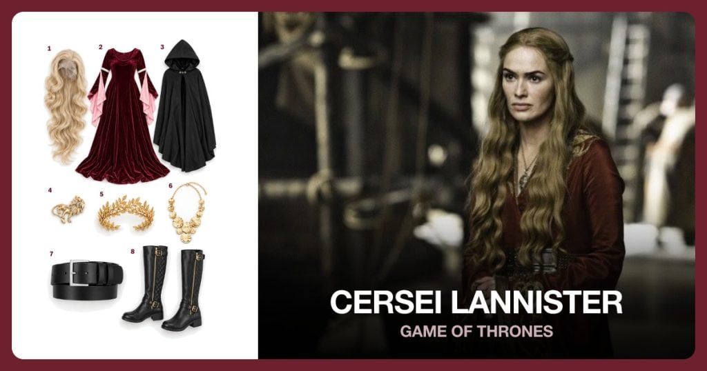 Long Blonde Wig, Burgundy Velvet Gown, Black Medieval Cloak and Gold Lion Brooch beside Cersei Lannister