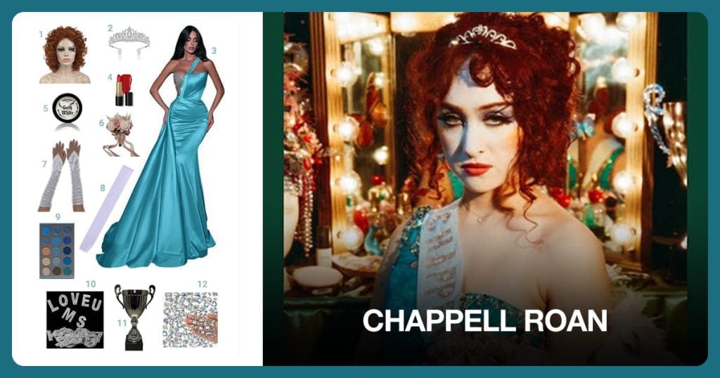 Red Curly Synthetic Wig, Princess Tiara, One Shoulder Sequin Mermaid Dress and Red Lipstick beside Chappell Roan