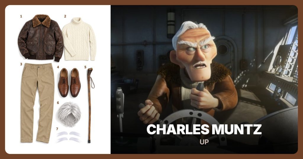 Brown Aviator Jacket, Cream Turtleneck Sweater, Khaki Chino Pants and Brown Oxford Shoes beside Charles Muntz