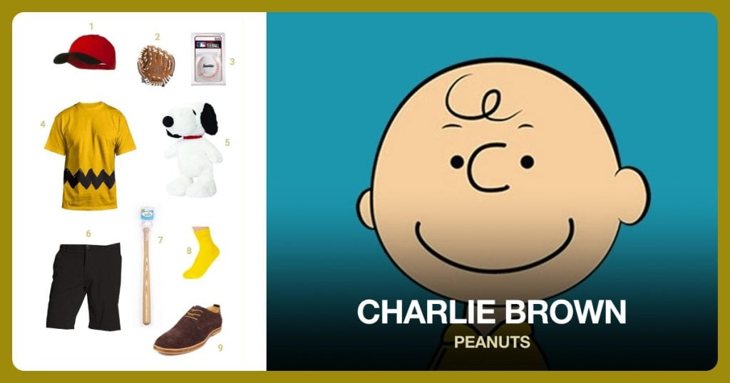 Red Ball Cap with Black Brim, Baseball Glove, Rubber Baseball and Charlie Brown Shirt beside Charlie Brown