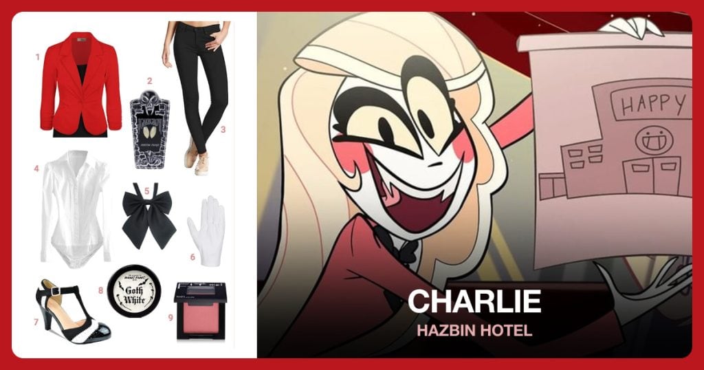 Red Blazer, Vampire Teeth, Black Pants and Long Sleeve Shirt beside Charlie