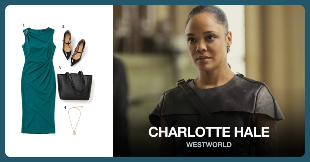 Teal Sheath Work Dress, Black Pointed Heel Pumps, Structured Black Leather Tote and Dainty Gold Pendant Necklace beside Charlotte Hale