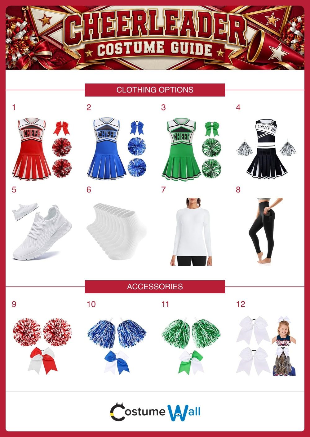 Cheerleader costume guide with 12 numbered clothing, accessory and styling options