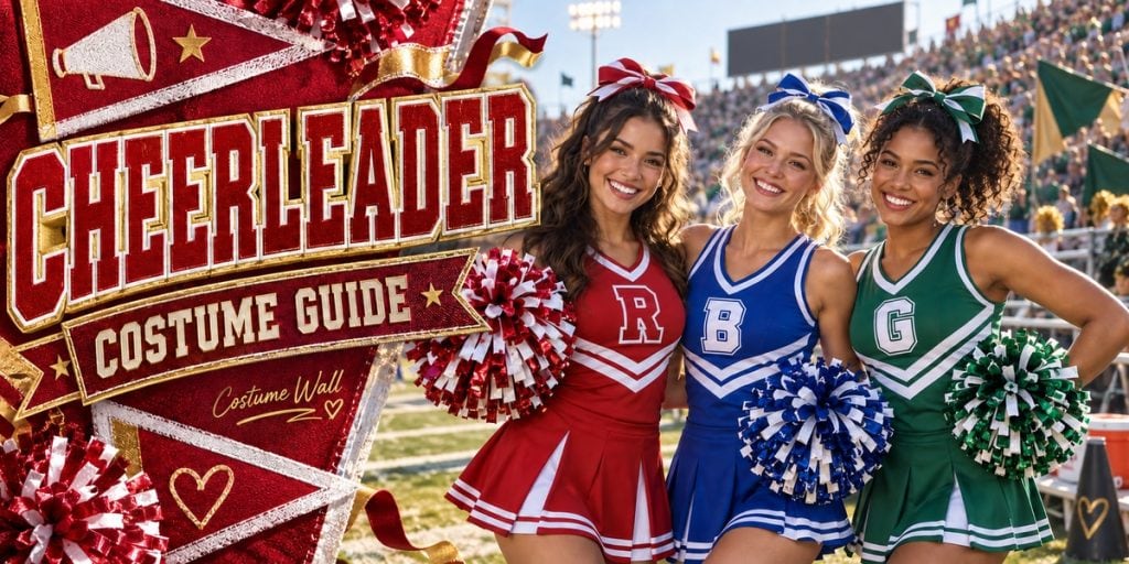Red Uniform Costume, Blue Uniform Costume, Green Uniform Costume and Black And White Cheer Uniform beside Cheerleader
