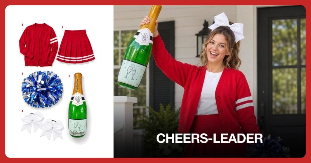 Red Varsity Cheer Sweater, Red White Pleated Cheer Skirt, Blue Silver Cheer Pom Poms and White Cheer Hair Bow beside Cheers-leader