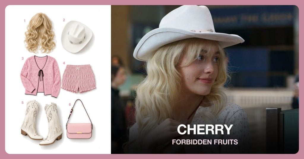 Long Blonde Wavy Wig, White Cowboy Hat and Pink Pointelle Cardigan Styling Substitute beside Cherry