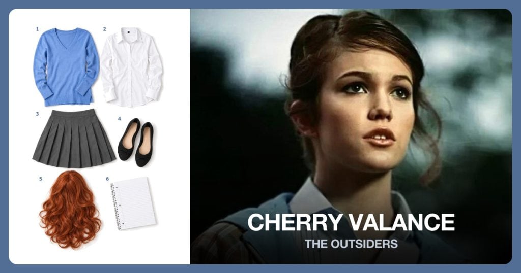 Blue V-Neck Sweater, White Collared Blouse, Gray Pleated Skirt and Black Ballet Flats beside Cherry Valance