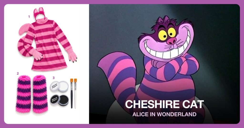 Official Disney Cheshire Cat Costume, Pink Purple Cat Leg Warmers and Black and White Face Paint Set beside Cheshire Cat