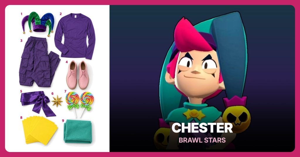 Jester Hat with Bells, Purple Compression Shirt, Purple Cargo Joggers and Pink Suede Chukka Boots beside Chester