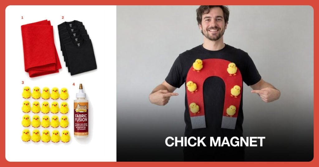 Red Felt Fabric, Black T-Shirt, Yellow Toy Chicks and Flexible Fabric Glue beside Chick Magnet