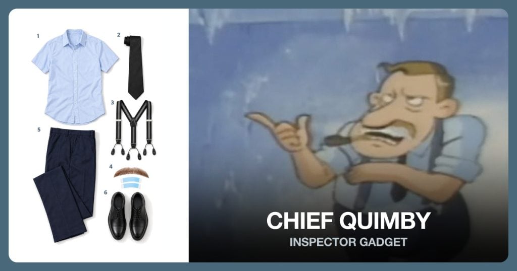Light Blue Short-Sleeve Button-Down Shirt, Black Necktie, Black Button Suspenders and Brown False Mustache beside Chief Quimby