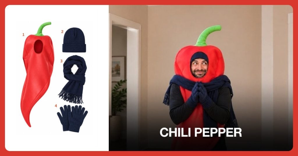 Red Chili Costume, Blue Knit Beanie, Navy Winter Scarf and Navy Knit Gloves beside Chili Pepper