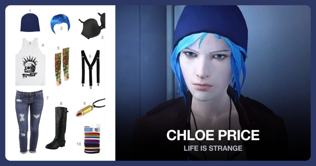 Beanie Cap, Blue Costume Wig, T-shirt Bra and Chloe Price Tank beside Chloe Price