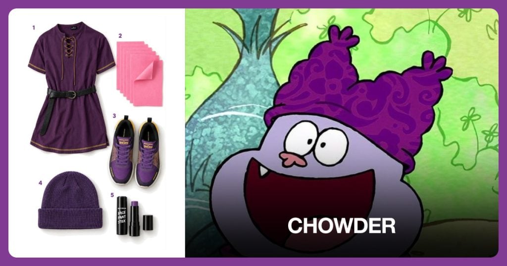 Purple Tunic, Pink Felt Sheets, Purple Sneakers and Purple Beanie beside Chowder