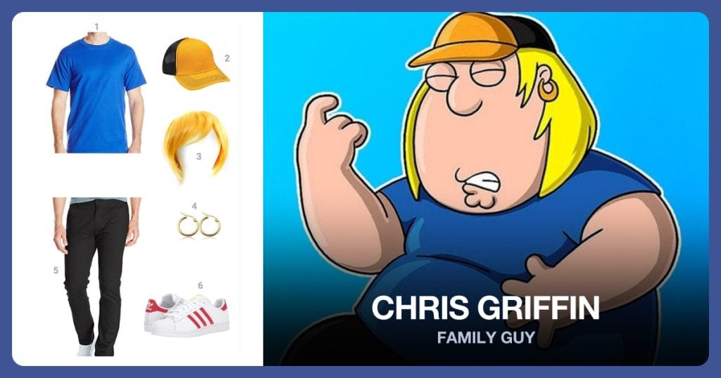 Plain Blue Shirt, Trucker Hat, Blonde Hair and Gold Earrings beside Chris Griffin