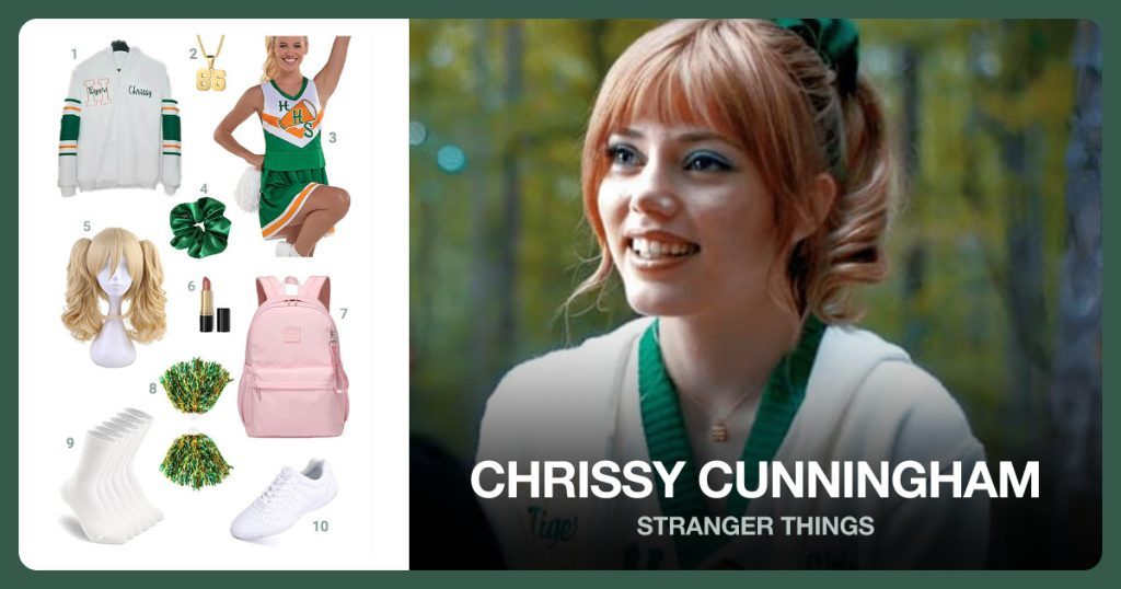 Hoodie Varsity Jacket, 86 Gold Necklace, HHS Cheerleader Uniform and Green Scrunchies beside Chrissy Cunningham