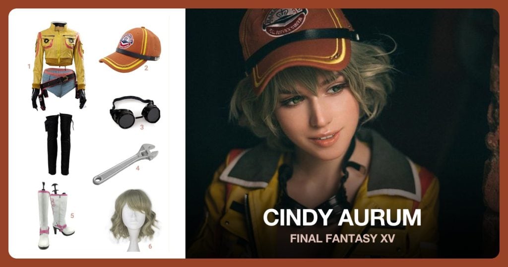 Cindy Aurum Costume, Trucker Hat, Black Goggles and Rubber Wrench beside Cindy Aurum