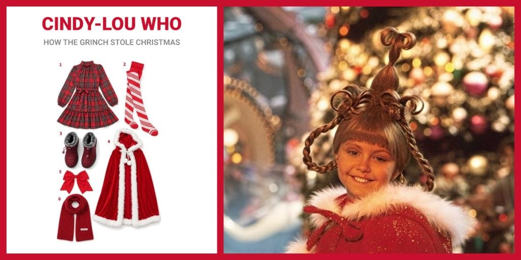 Red Plaid Party Dress, Candy Cane Striped Tights, Red Fur Lined Winter Boots and Hooded Santa Cape beside Cindy-Lou Who (Adult)