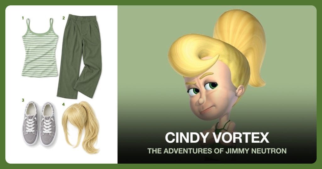 Green Striped Camisole, Olive Green Pants, Gray Slip-On Shoes and Blonde Ponytail Wig beside Cindy Vortex